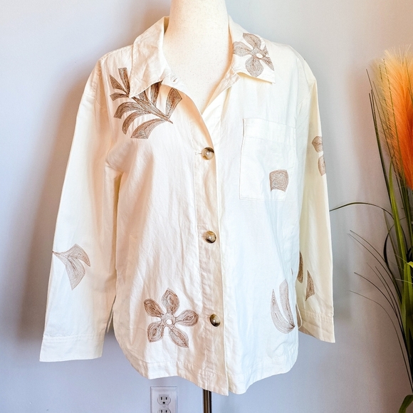Madewell New Cream Embroidered Linen Tropical Floral Shirt Jacket Size Large - Picture 2 of 15